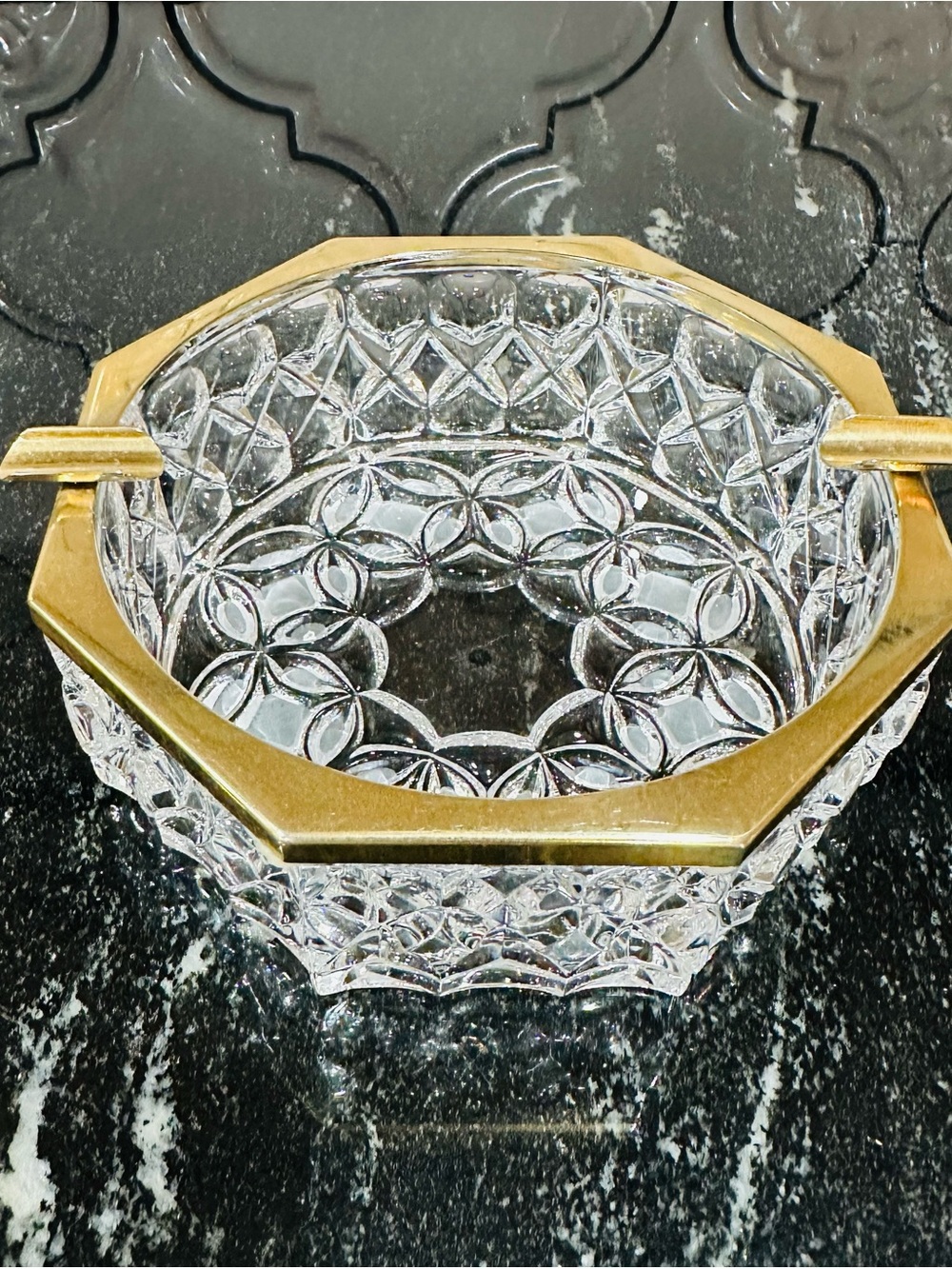 Hollywood Regency Cut Glass Ashtray with Octagonal Rim